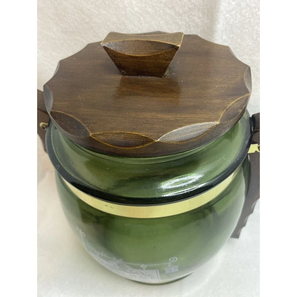 Vintage Siestaware Pitcher Barrel Shaped Glass Container Wood Lid &Handle 10”x9”